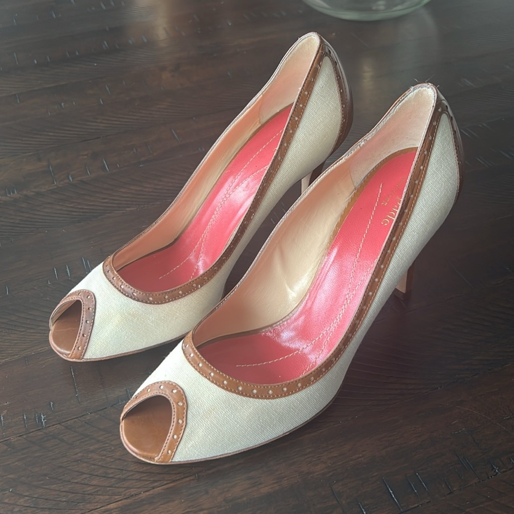Kate Spade Cream and Brown Peep Toe Heels - Picture 2 of 16